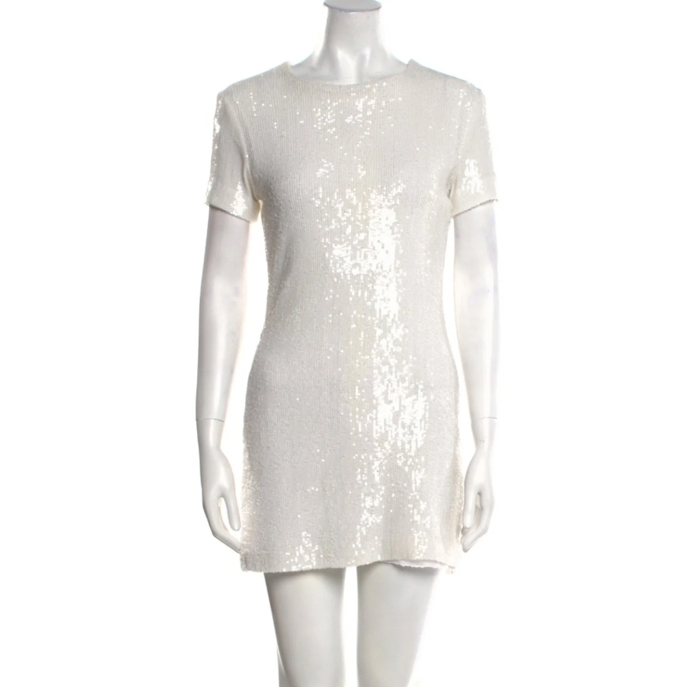Muse Crew Neck Mini Fitted Dress White Sequin Size 8